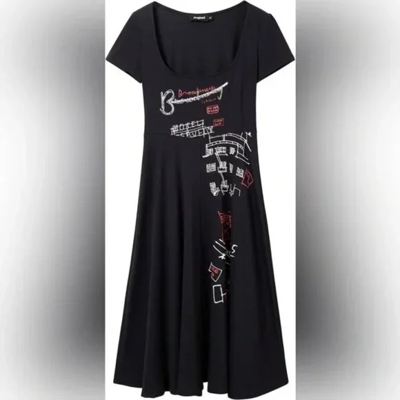 Desigual Broadway Road Artsy Print Black Dress Cotton - Knee Lenght - Picture 12 of 12